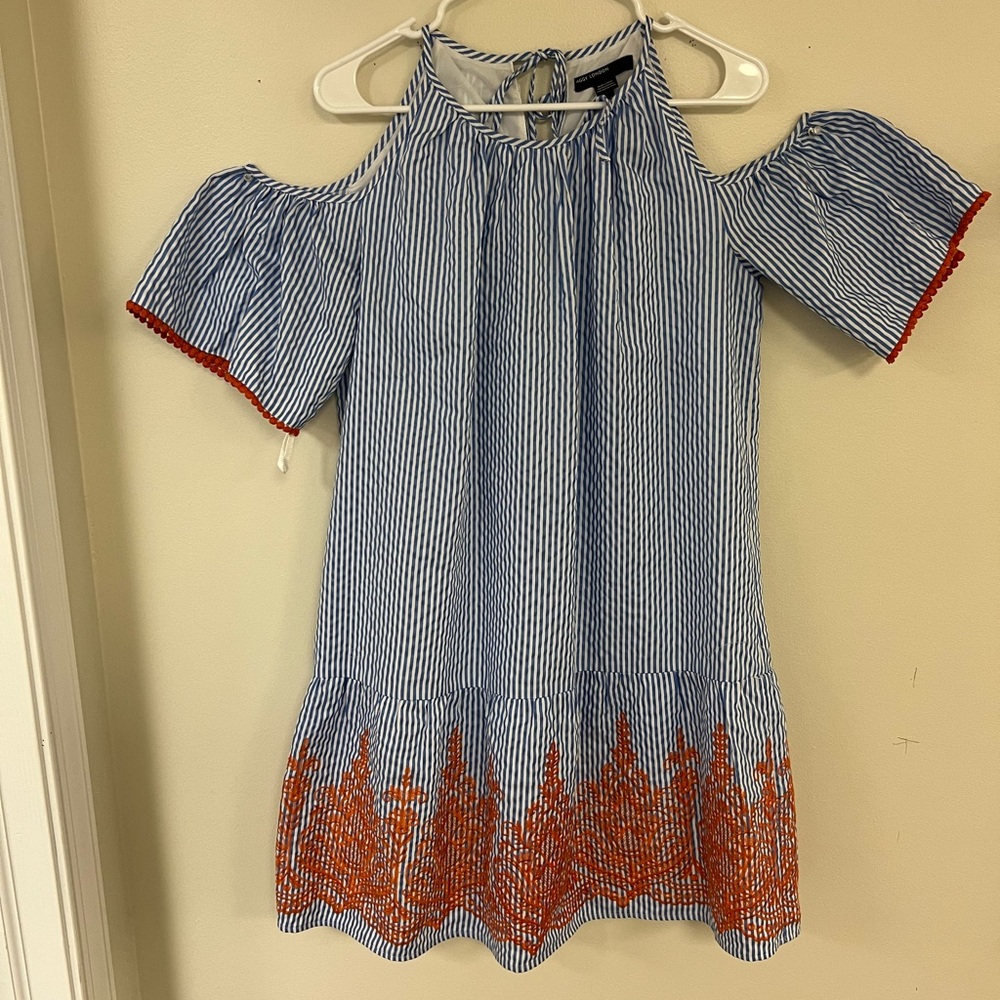 Maggie London blue and white stripe dress with red embroidery.